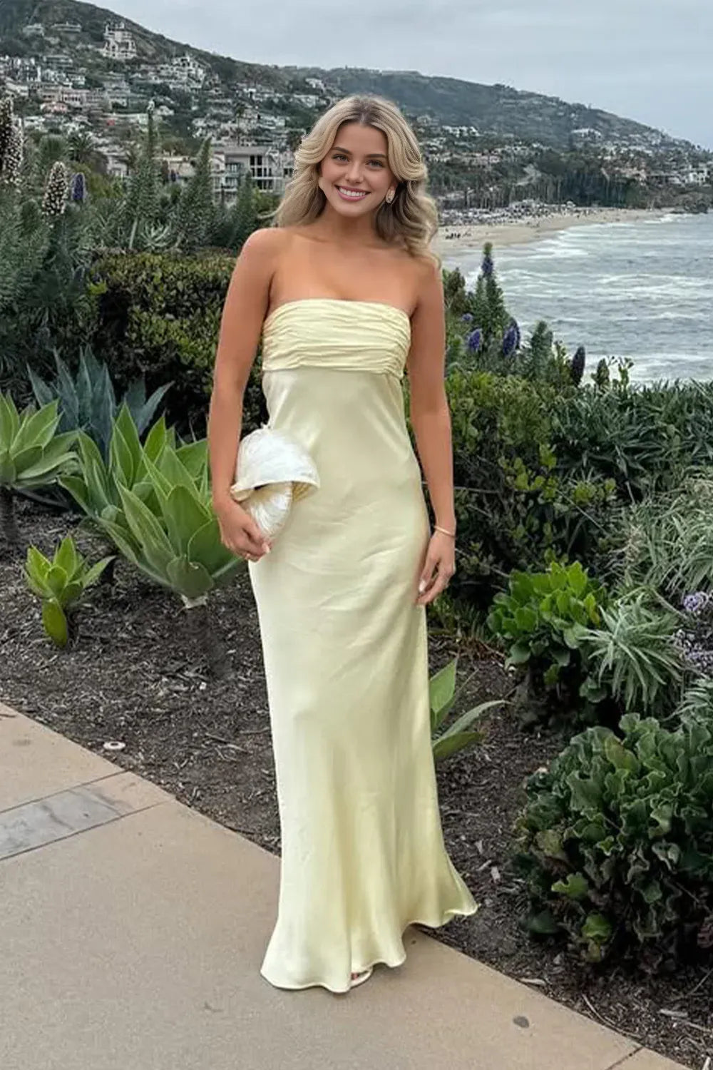 Vestido Weitese sencillo, vestido de fiesta largo rosa sin tirantes con fruncido